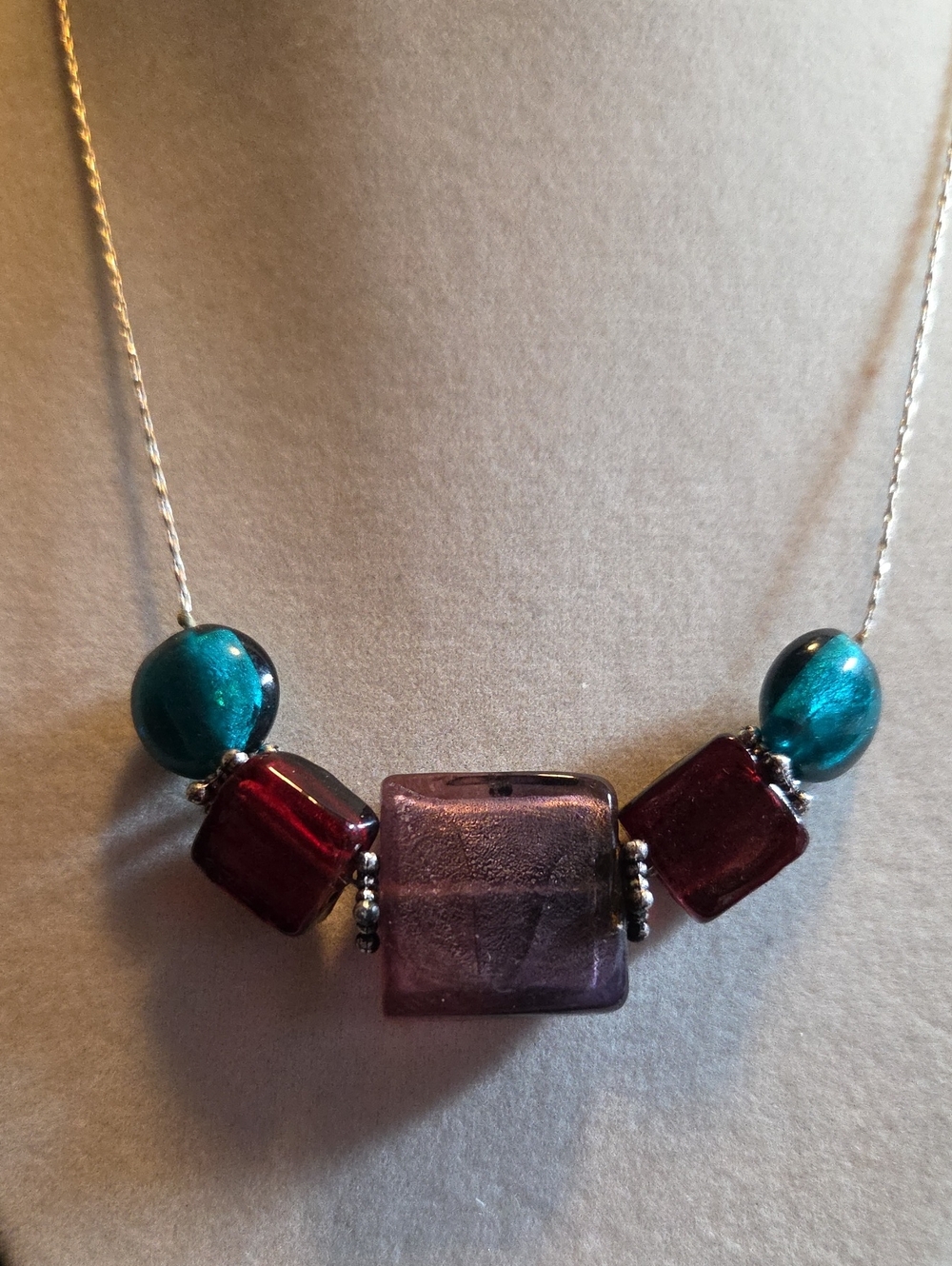 Multicolor Glass Bead Pendant Necklace - Teal, Purple & Burgundy